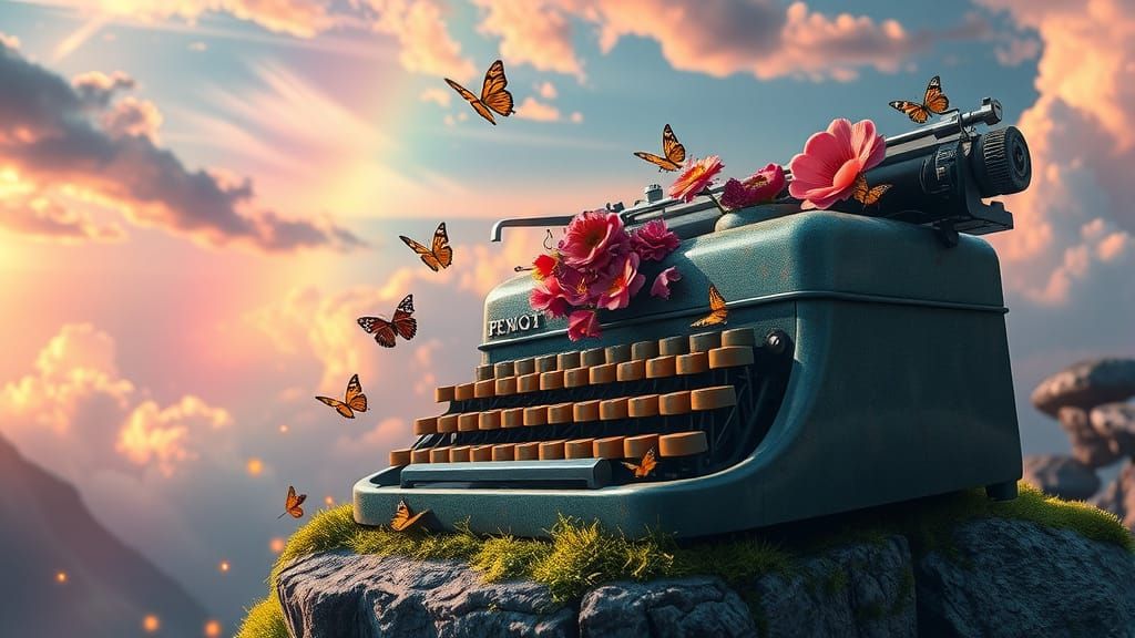 Surreal Bloom Typewriter Scene in Dreamlike Digital Art