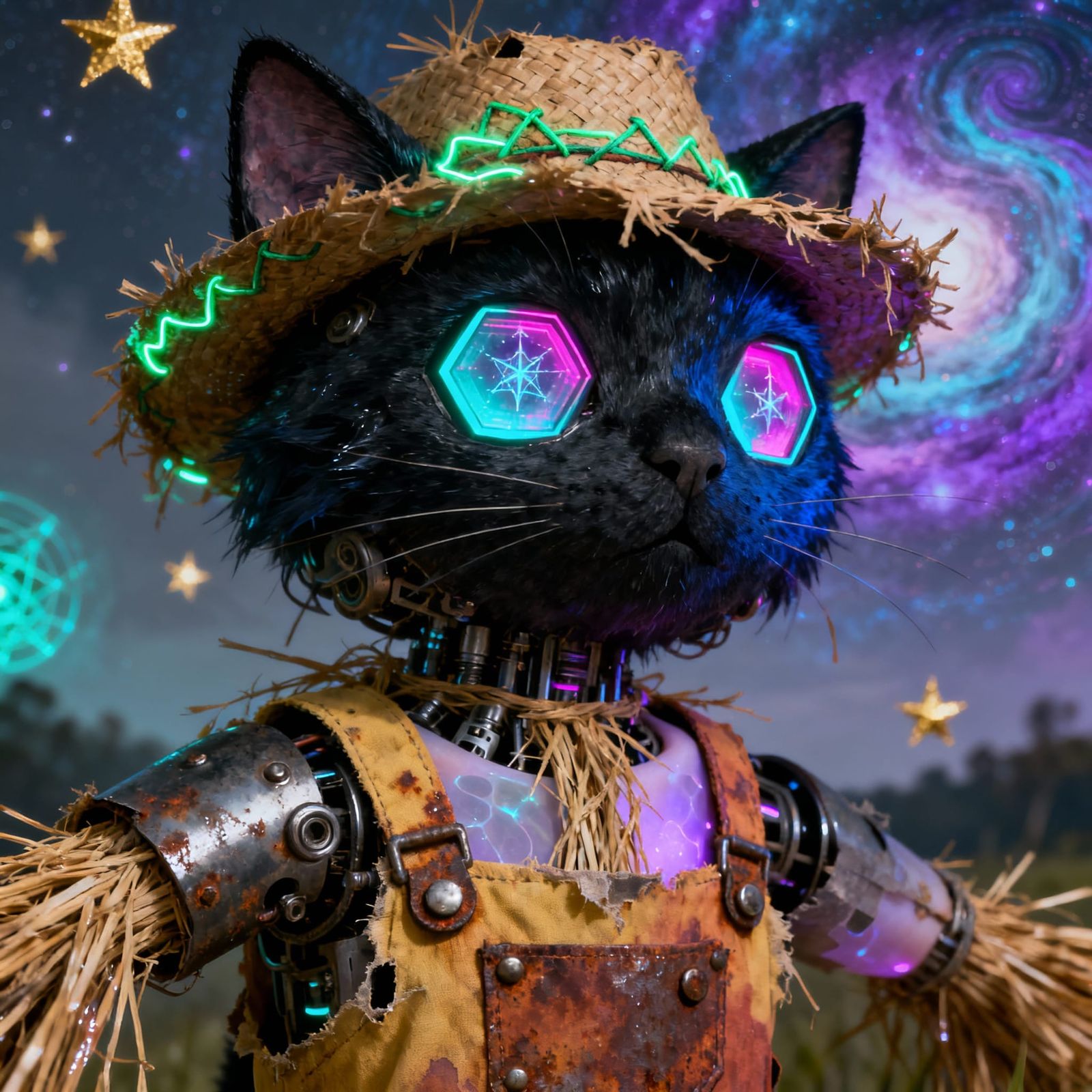 Black Cat Scarecrow Hybrid with Glowing Skin and Mystical Fo...