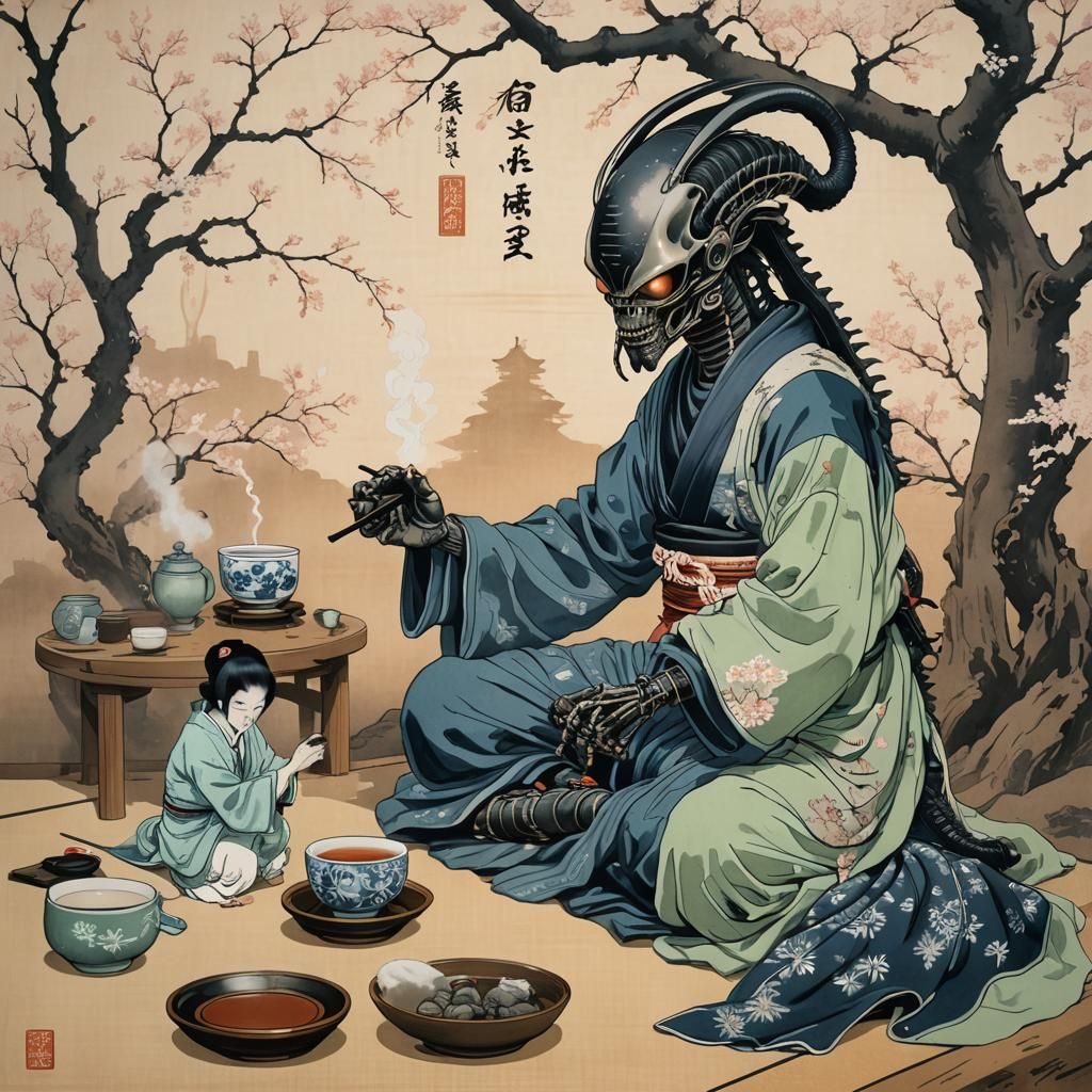 Xenomorph Tea Ceremony in Ukiyo-e Style