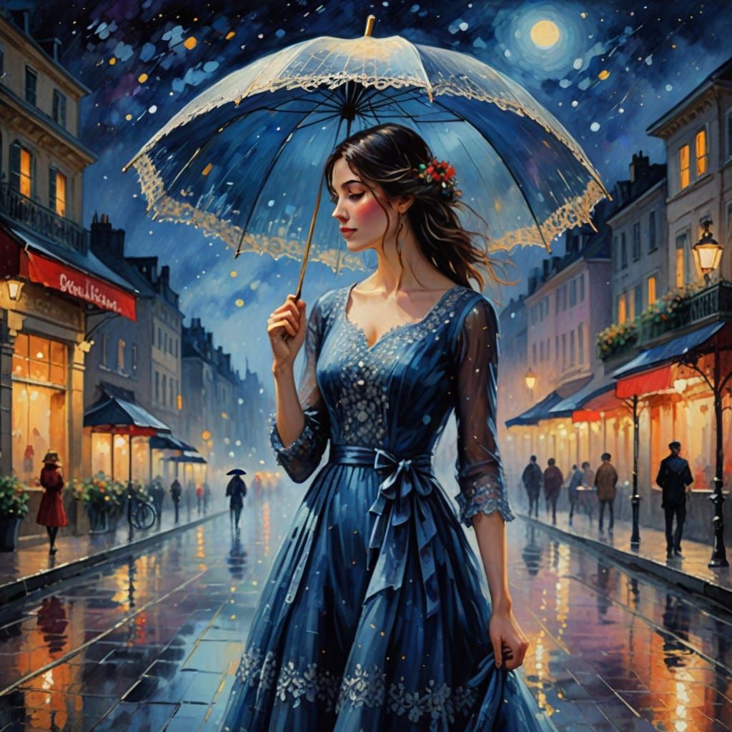 Romantic Starry Night Scene in Impressionist Style