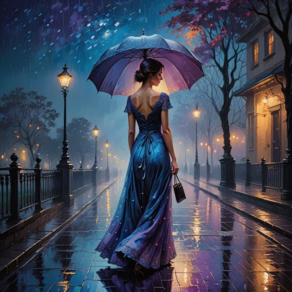 Romantic Impressionist Woman Under Starry Night Sky