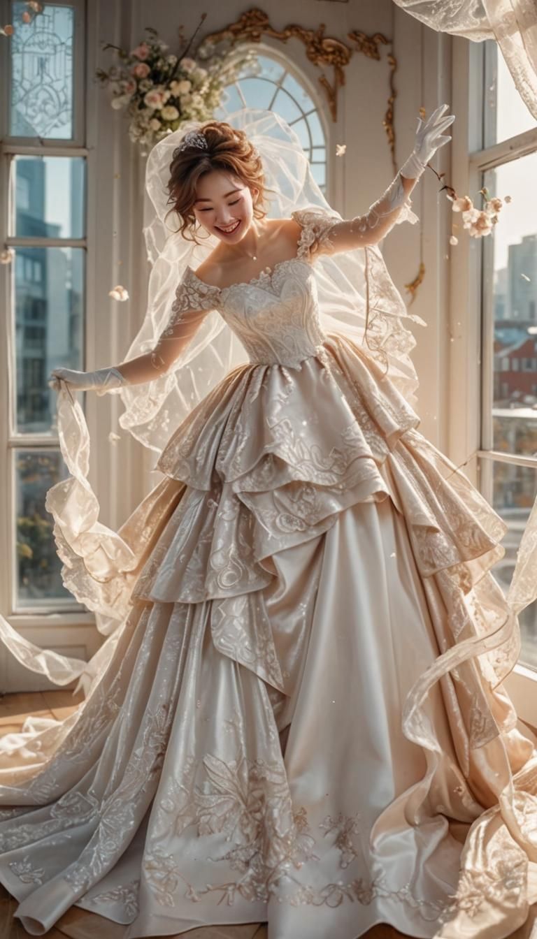 Elegant Korean Bride in Wavy White Wedding Dress