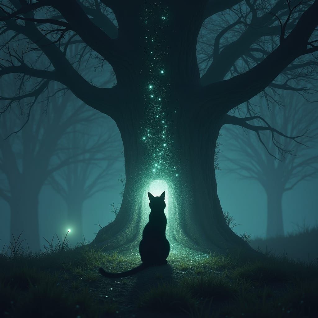 Shimmering Light Cat Before Ancient Tree and Dream Portals