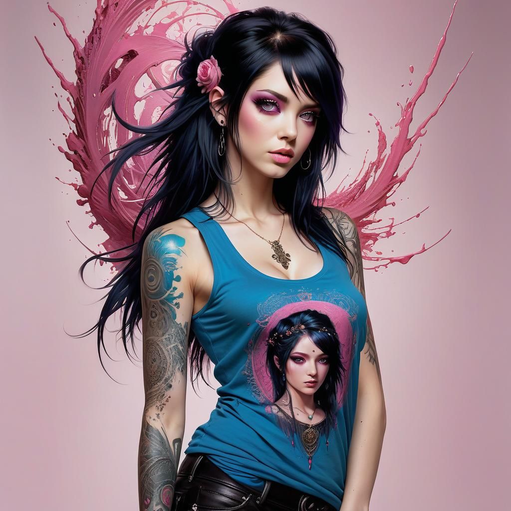 Gothic Woman with Tattoos: Digital Splash Art Illustration