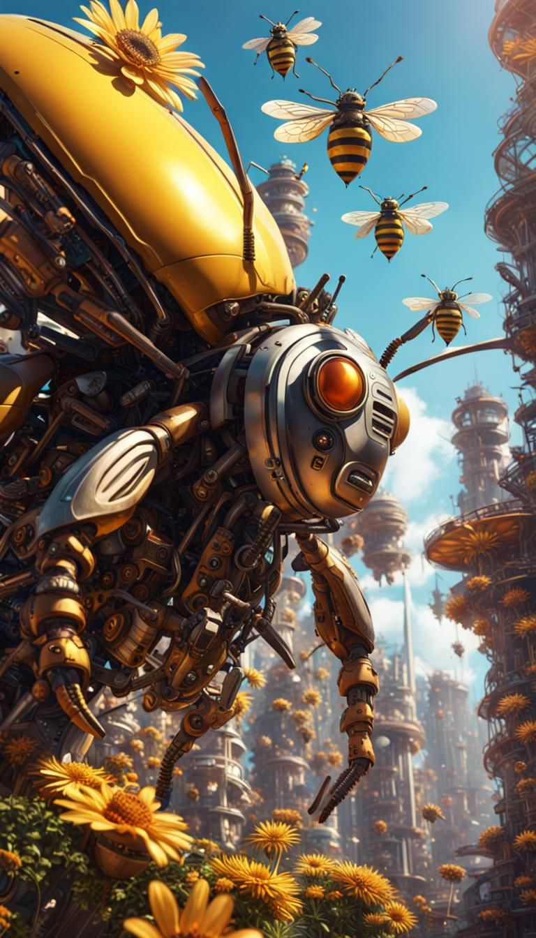 Mechanical Bee in Solarpunk Flower City
