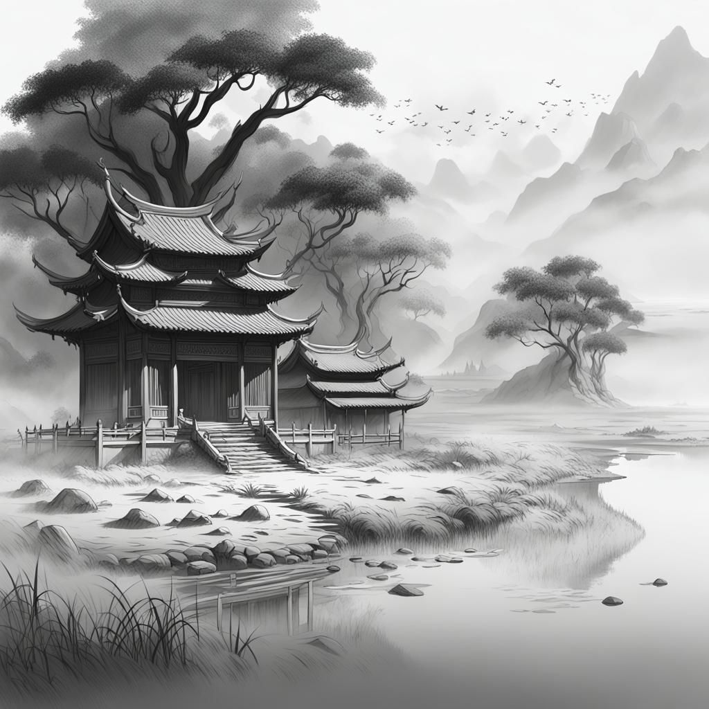 Pastoral Asian Landscape in Simple Line Drawing