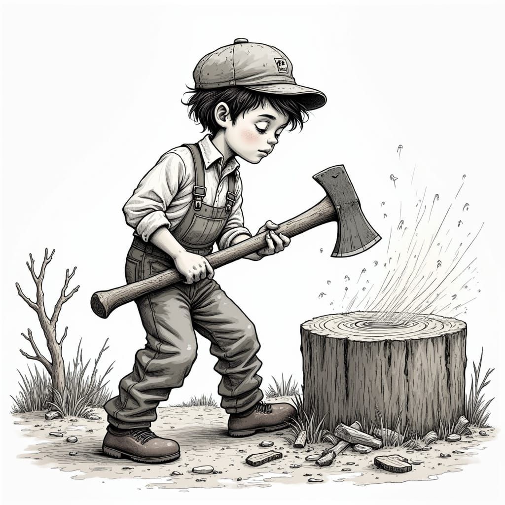 Timeless Boy Chops Wood in Whimsical Black and White Illustr...