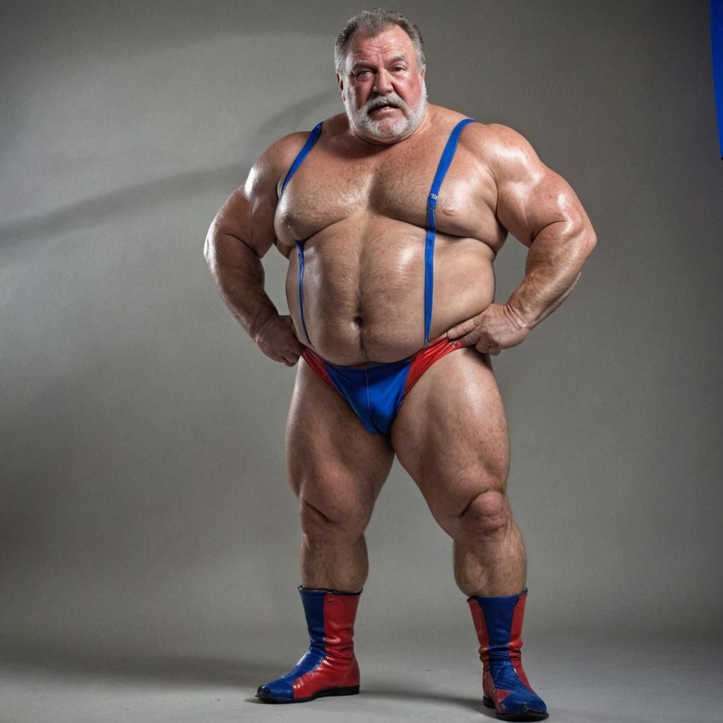 Defiant Old Wrestler Posing in Spandex
