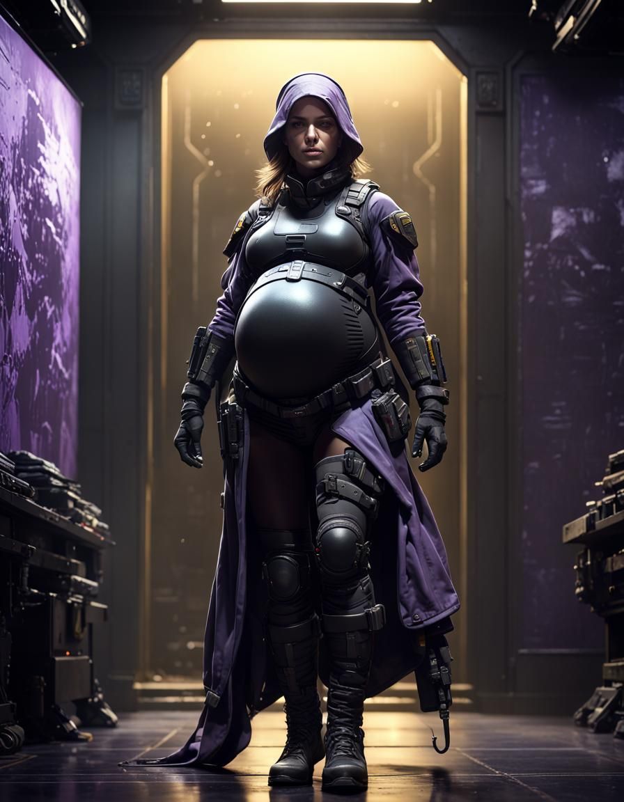Pregnant Super-Soldier in Dark Armory, Detailed Fantasy Art