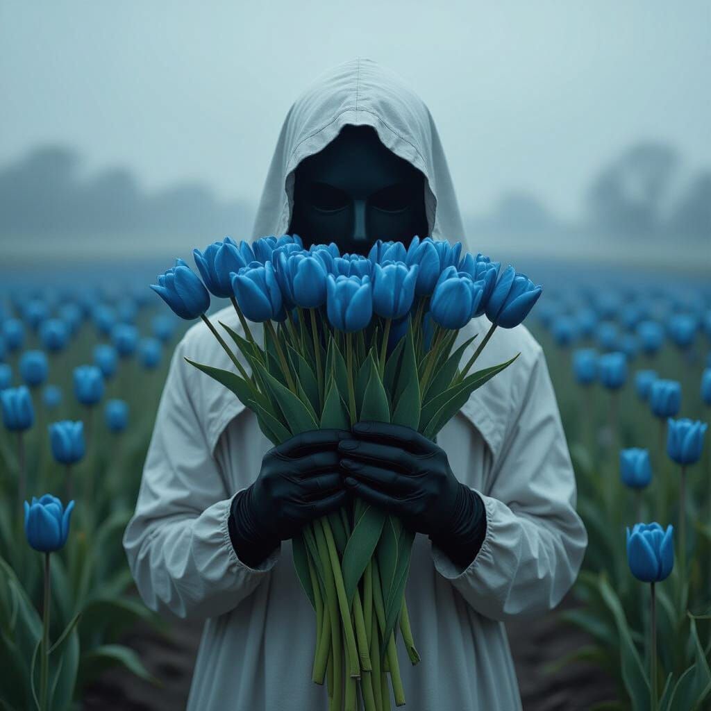 Hooded Figure with Mask Holding Sky Tulips