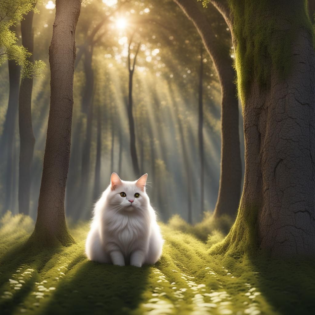 Angora Cat in Sunlit Forest, 3D Digital Painting