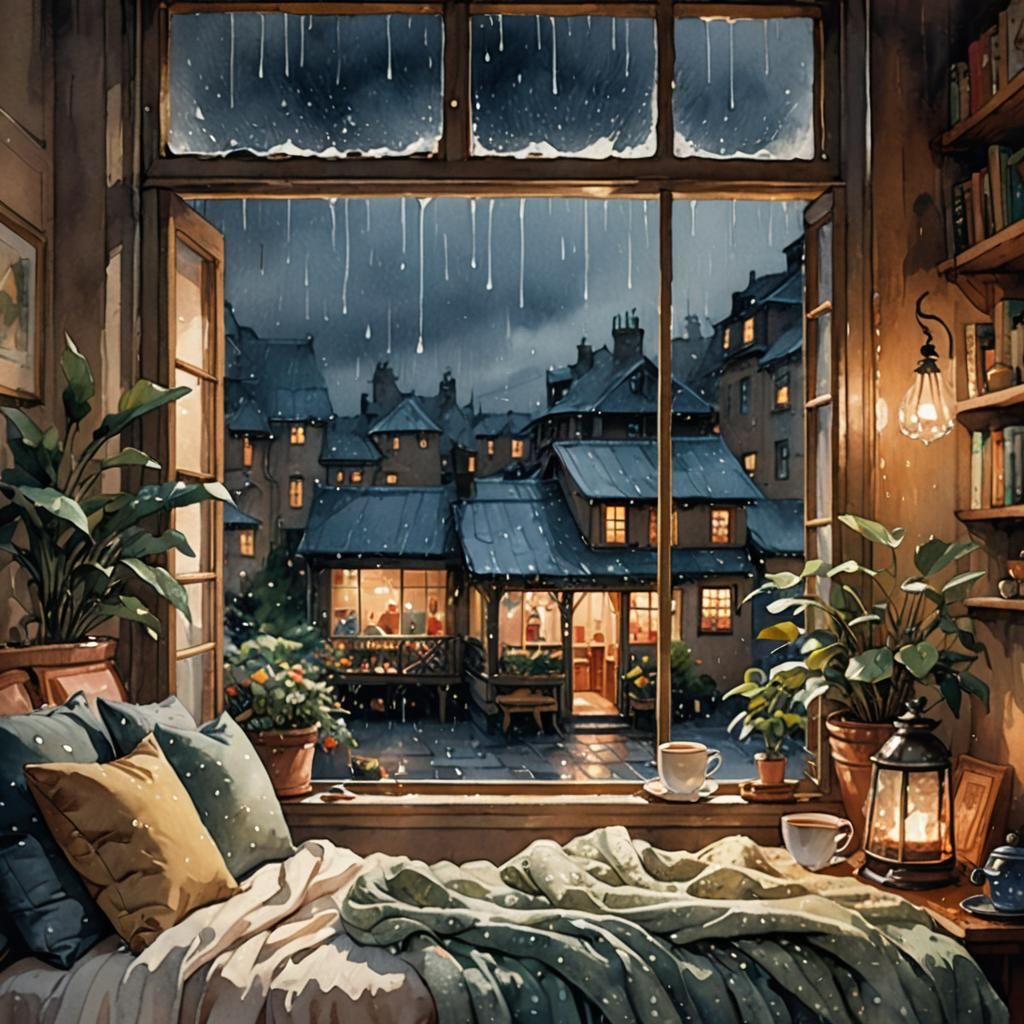 Cozy Rainy Night Watercolor Window Scene