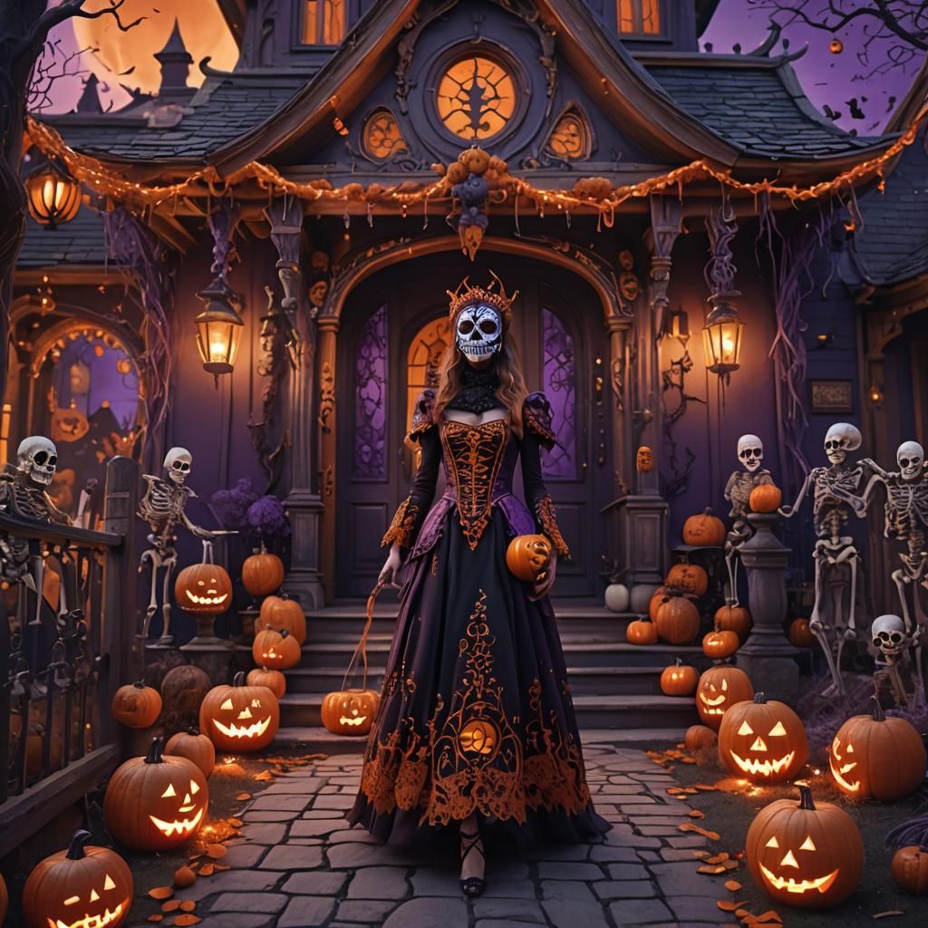 Halloween Fantasy: Woman in Mask Approaches Victorian House