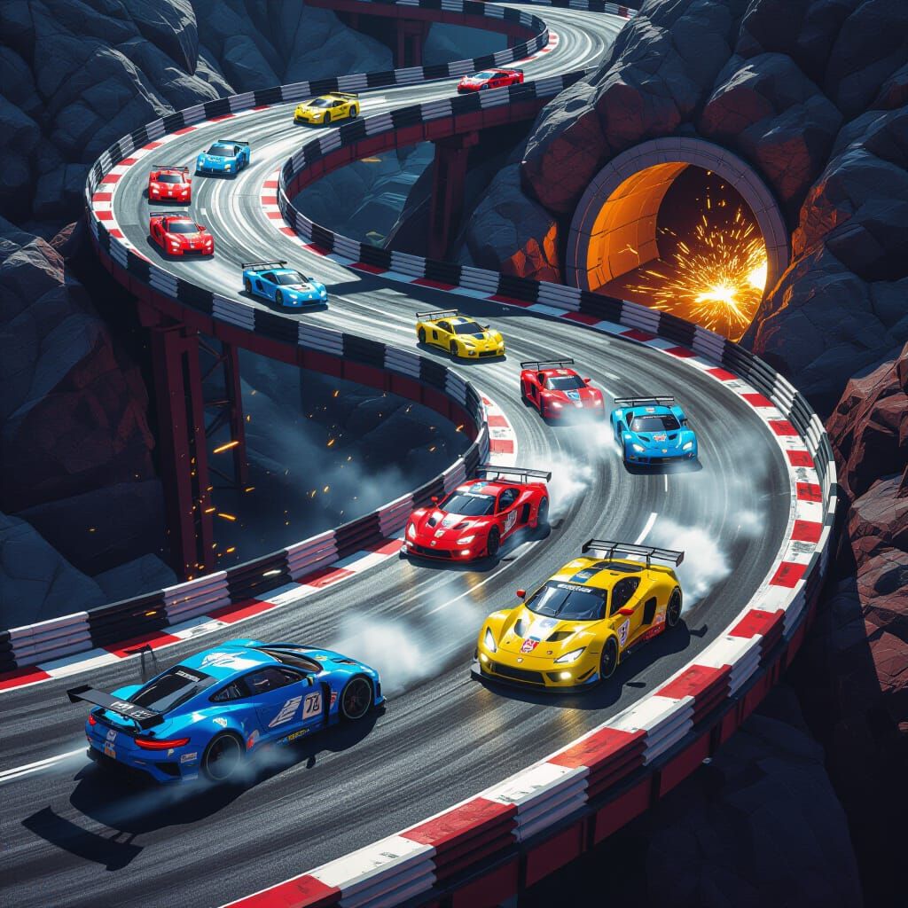 Top-Down Car Race on Complex Track, Cinematic Style