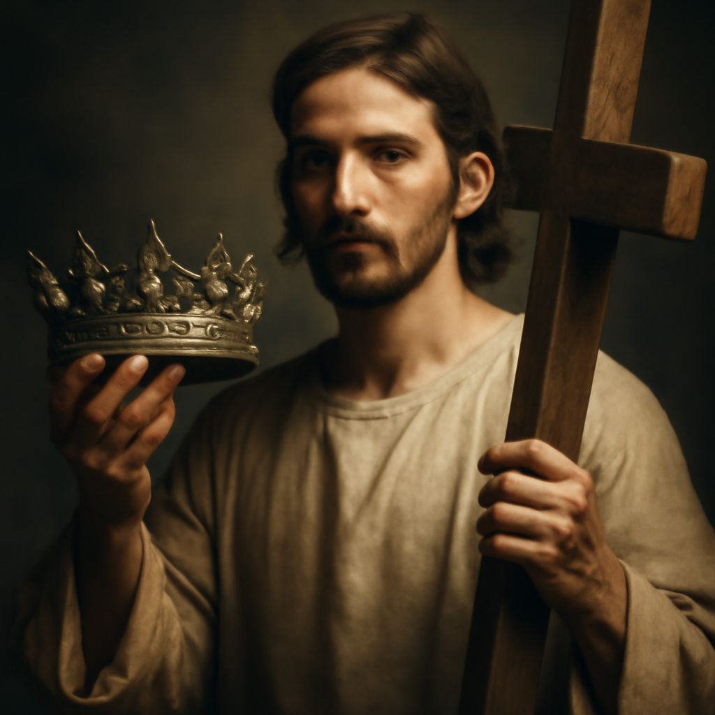 Hyperrealistic Jesus Holding Crown and Cross