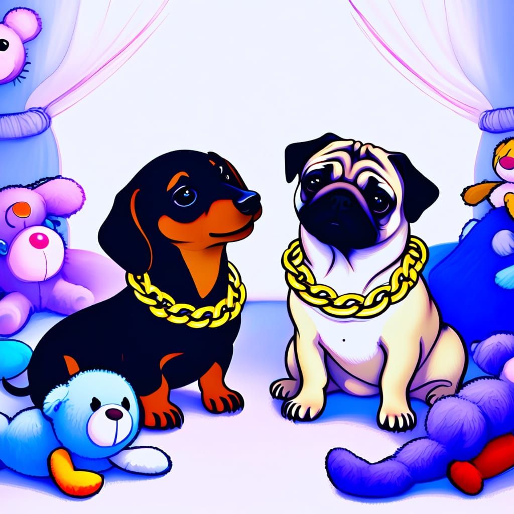 Cute Dachshund and Pug Babies in Gold Chains Illustration