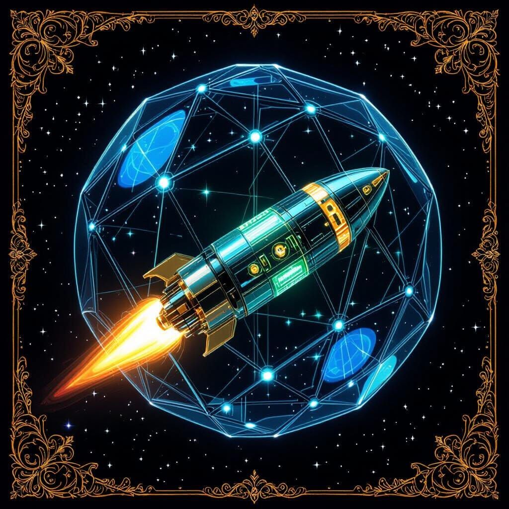 Rocket Ship in Orb, Klimt-Inspired Sci-Fi Illustration