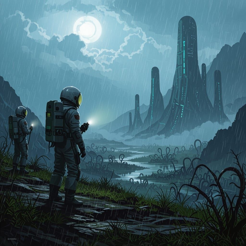 1950s Sci-Fi Crew Explores Eerie Alien Landscape in Heavy Ra...