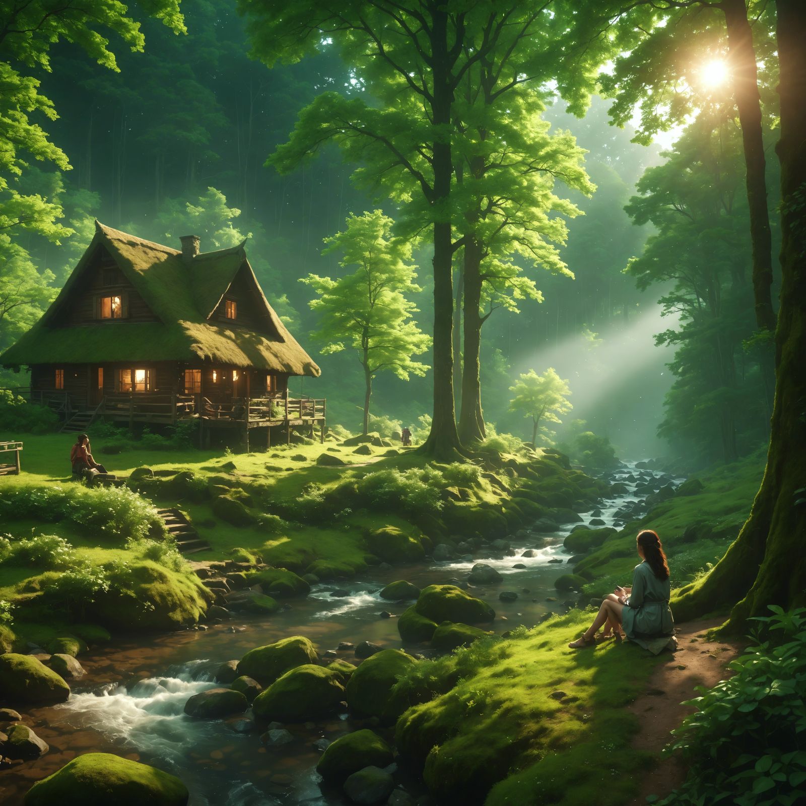Serene Forest Cottage Scene with Quiet Joy