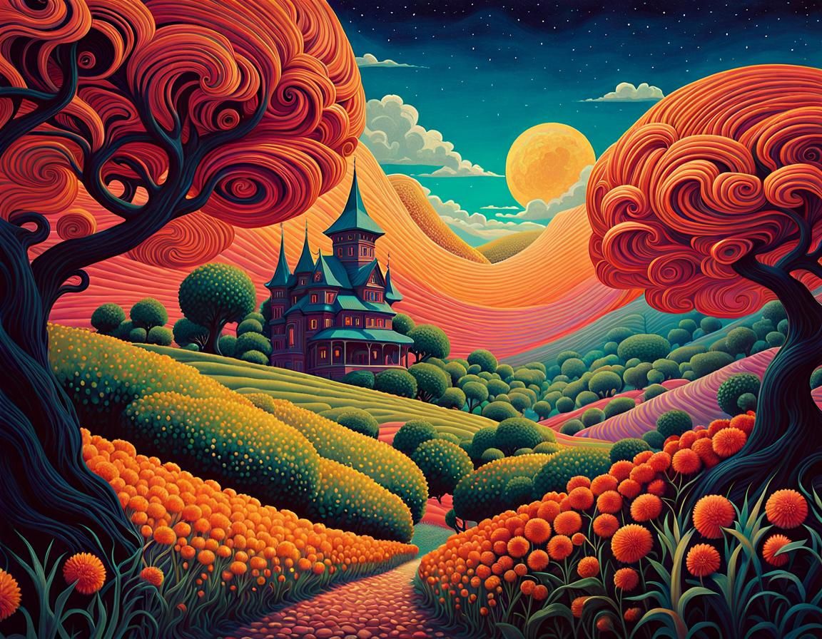 Fantastical Psychedelic Landscape in a Blended Art Style
