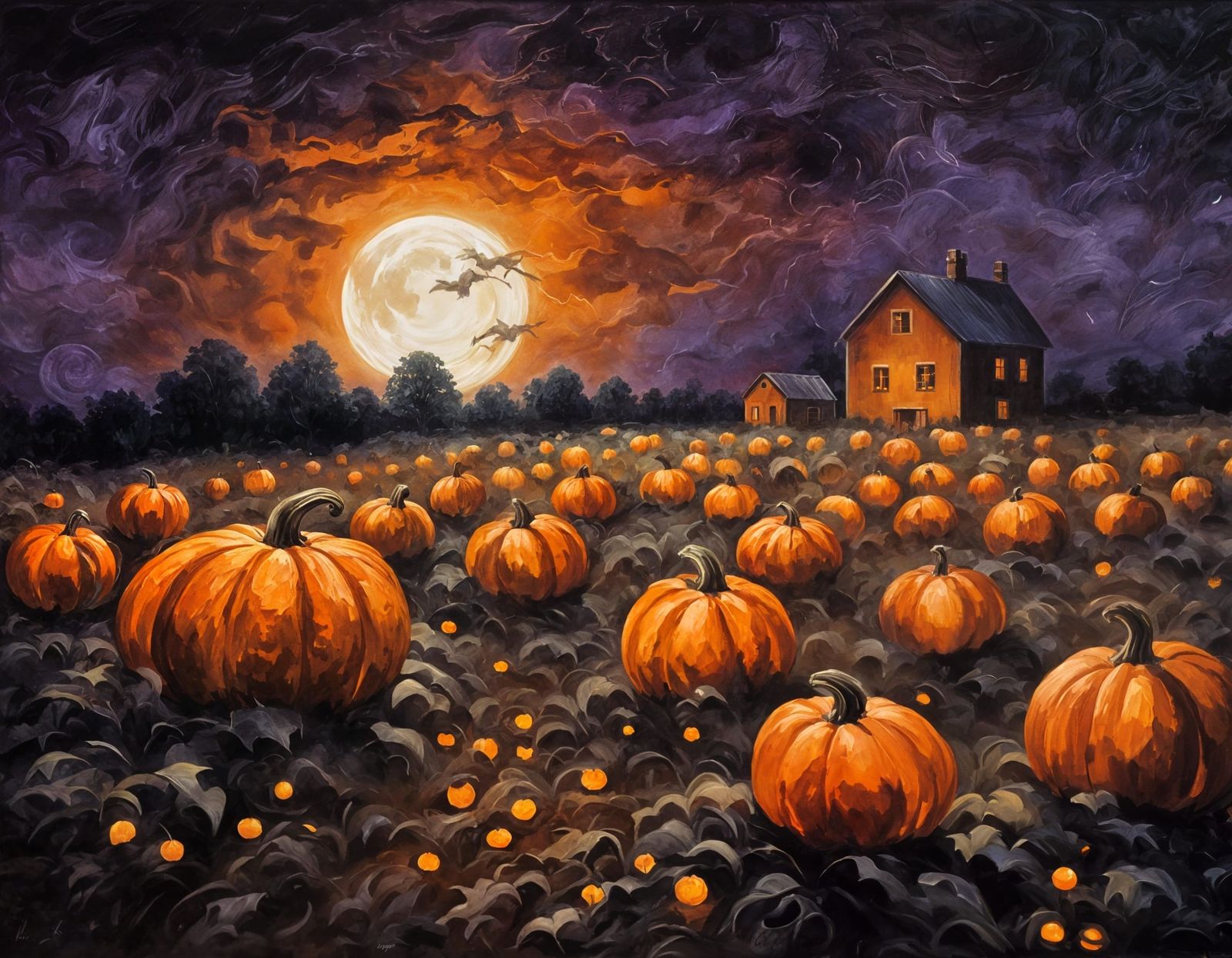 Eerie Pumpkin Field Under Harvest Moon, Oil Painting