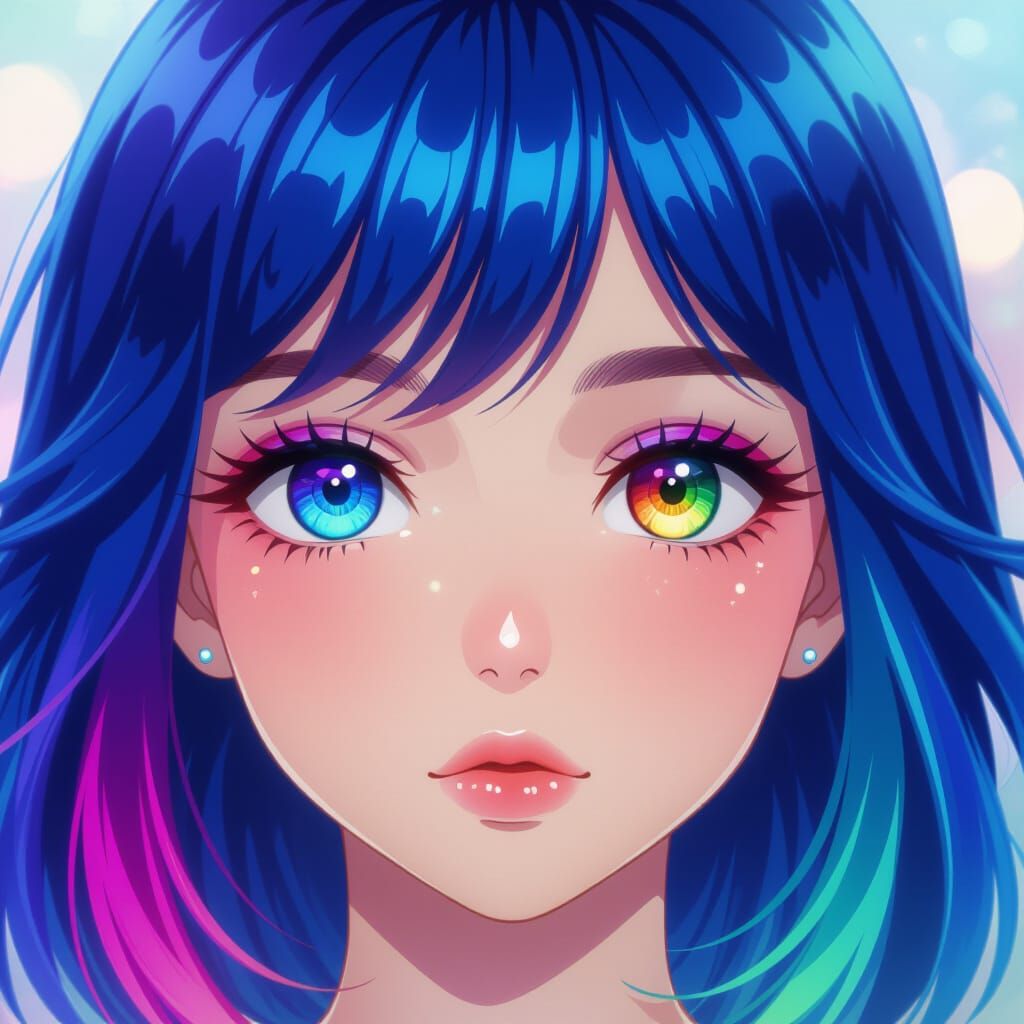 Anime Realism Portrait: Girl's Eyes with Rainbow Irises