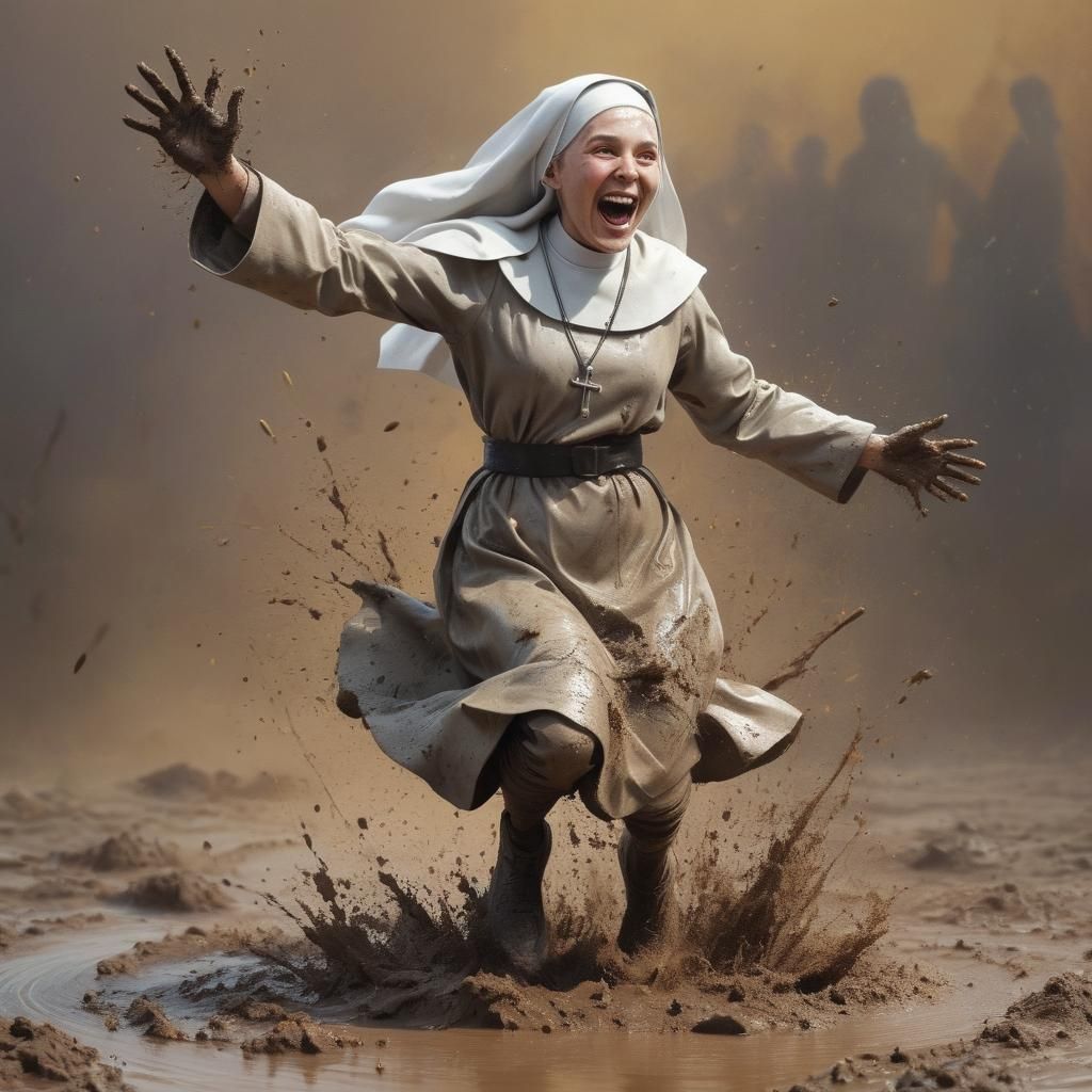 Happy Nun Leaping Joyfully in Splendid Mud