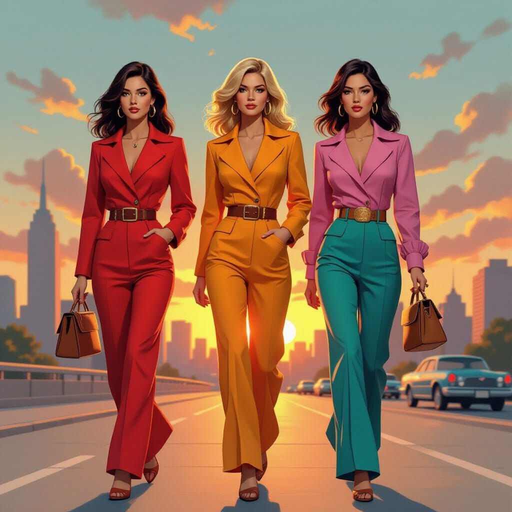 Retro Angels Strutting into Sunset Cityscape