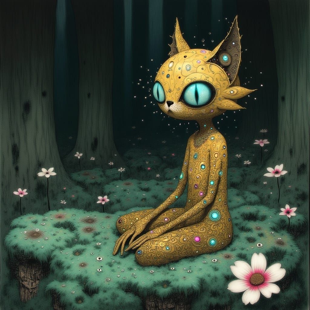 Forgotten Golden Feline Idol in Mystical Woodland