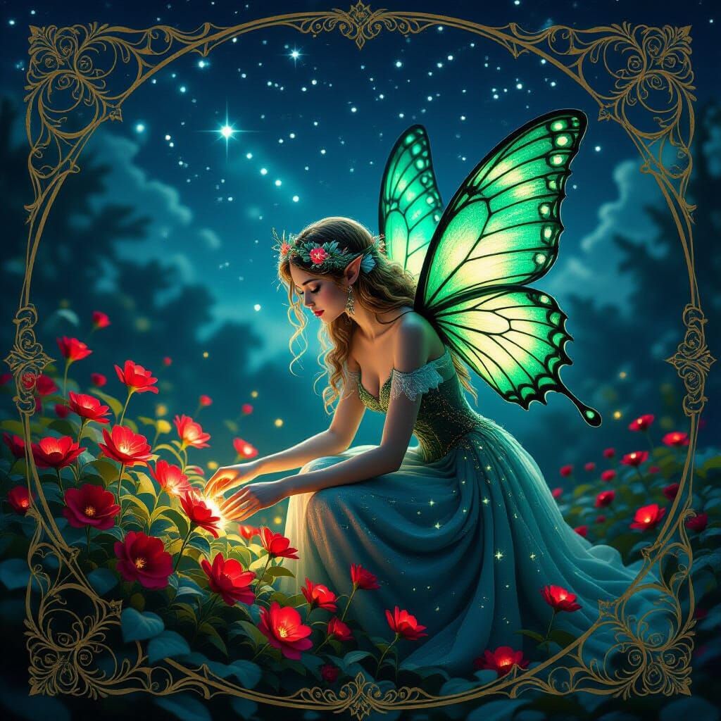 Fae Creature Tending Bioluminescent Garden in Starry Night