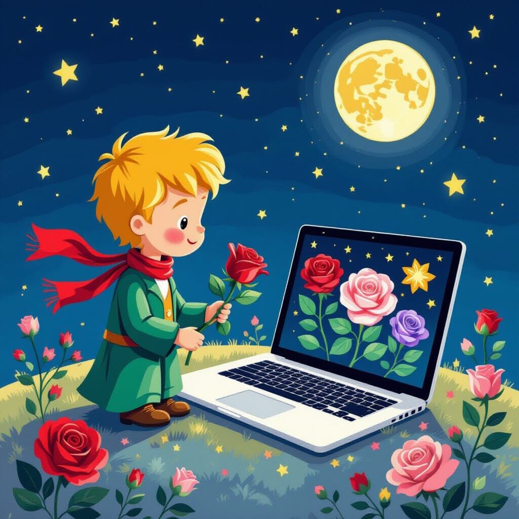 Little Prince Shows 3D Roses to Rose on Planet