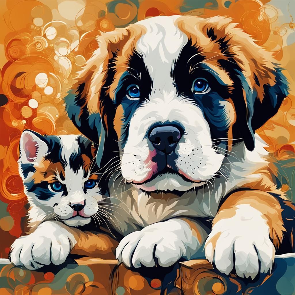 St. Bernard Puppies Play with Kitten in Abstract Art