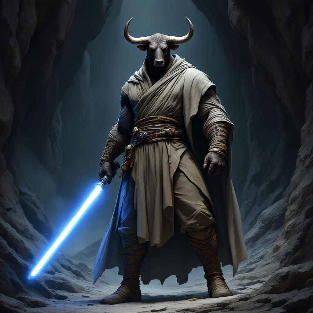 Cyberpunk-Inspired Jedi Knight in Dark Cave