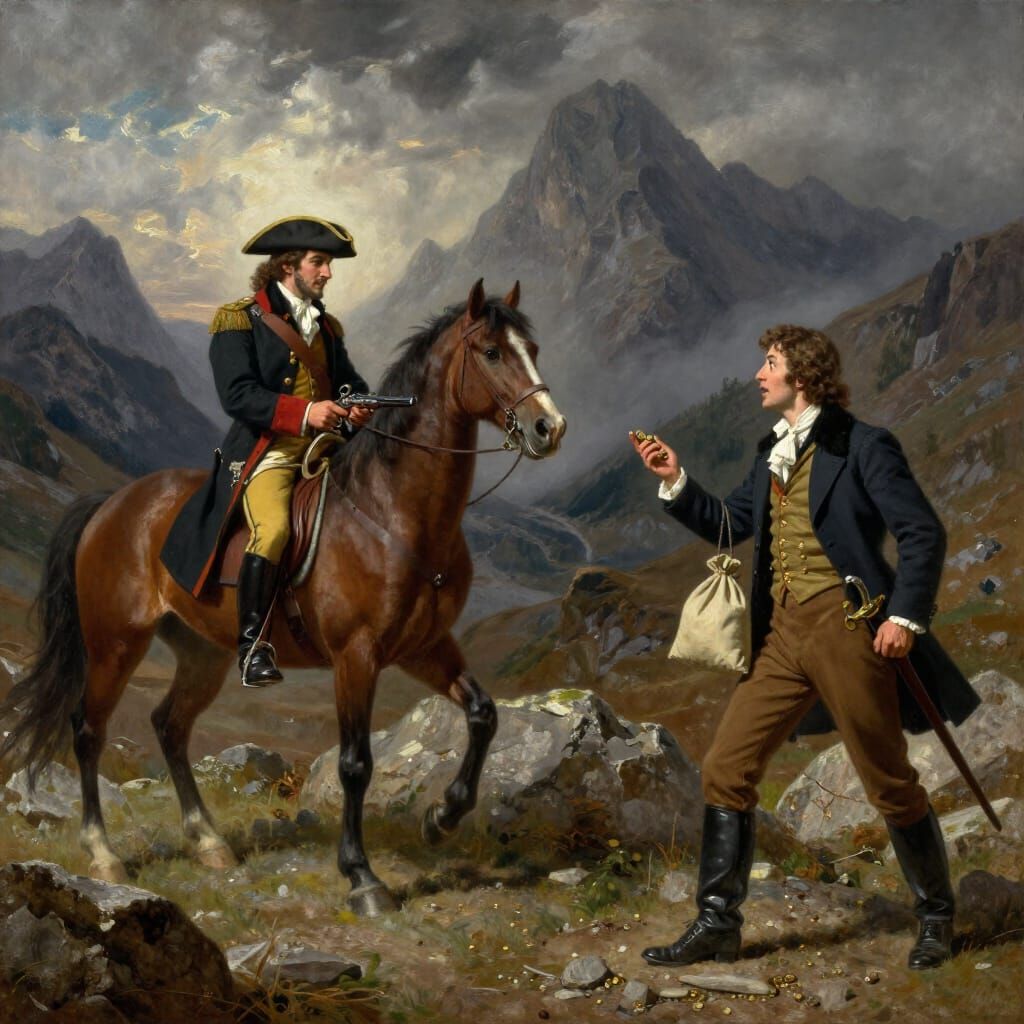 Highwayman Confronts Captain on Stormy Mountain Pass