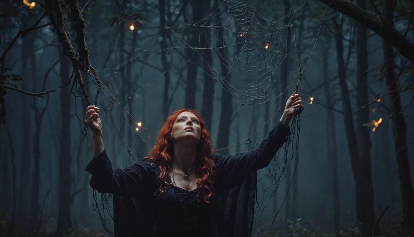 Red-Headed Witch Weaving Macrame Spiderweb