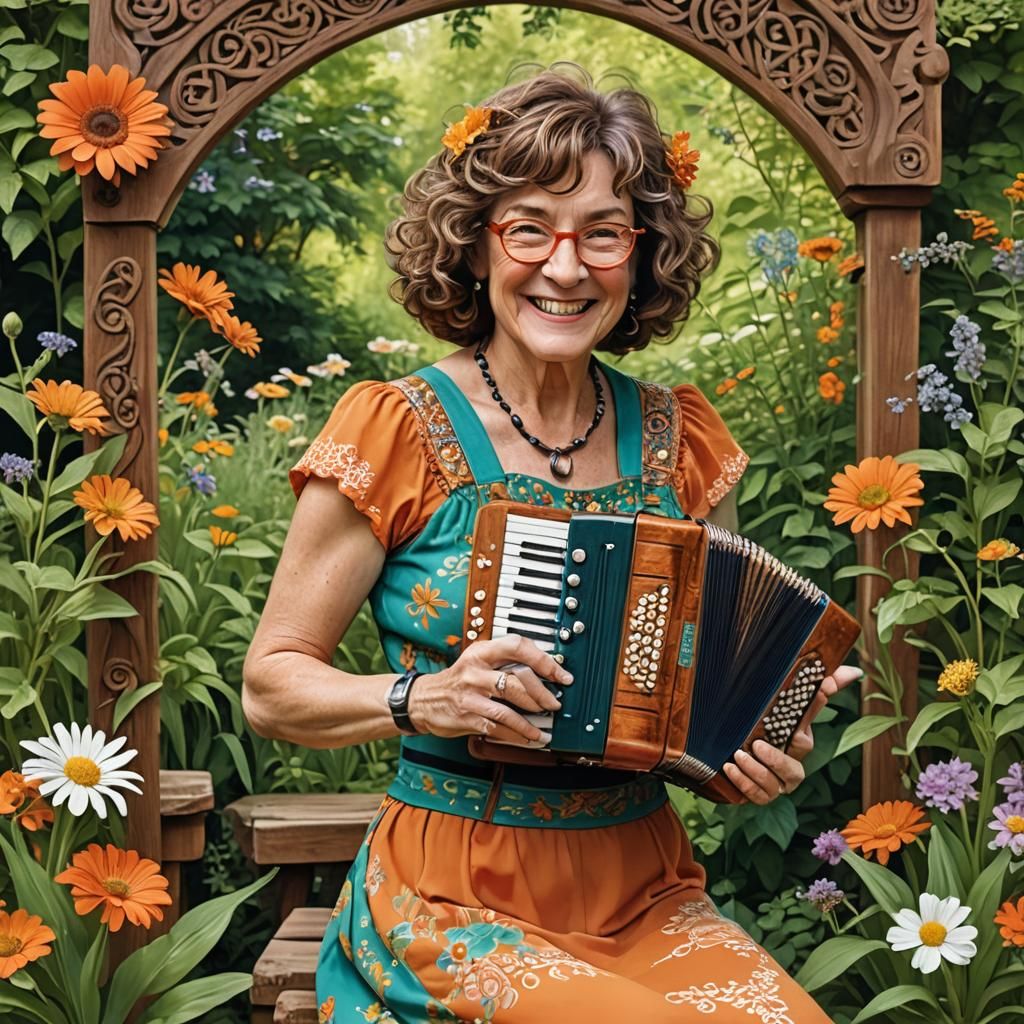 Woman Playing Accordion in Whimsical Garden