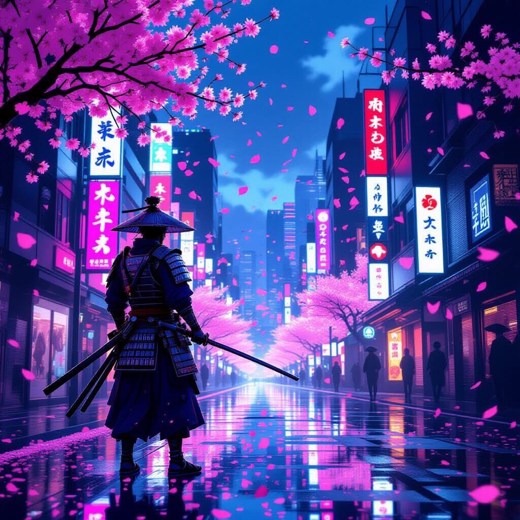 Cyberpunk Samurai at Neon Dusk, Cherry Blossoms Falling