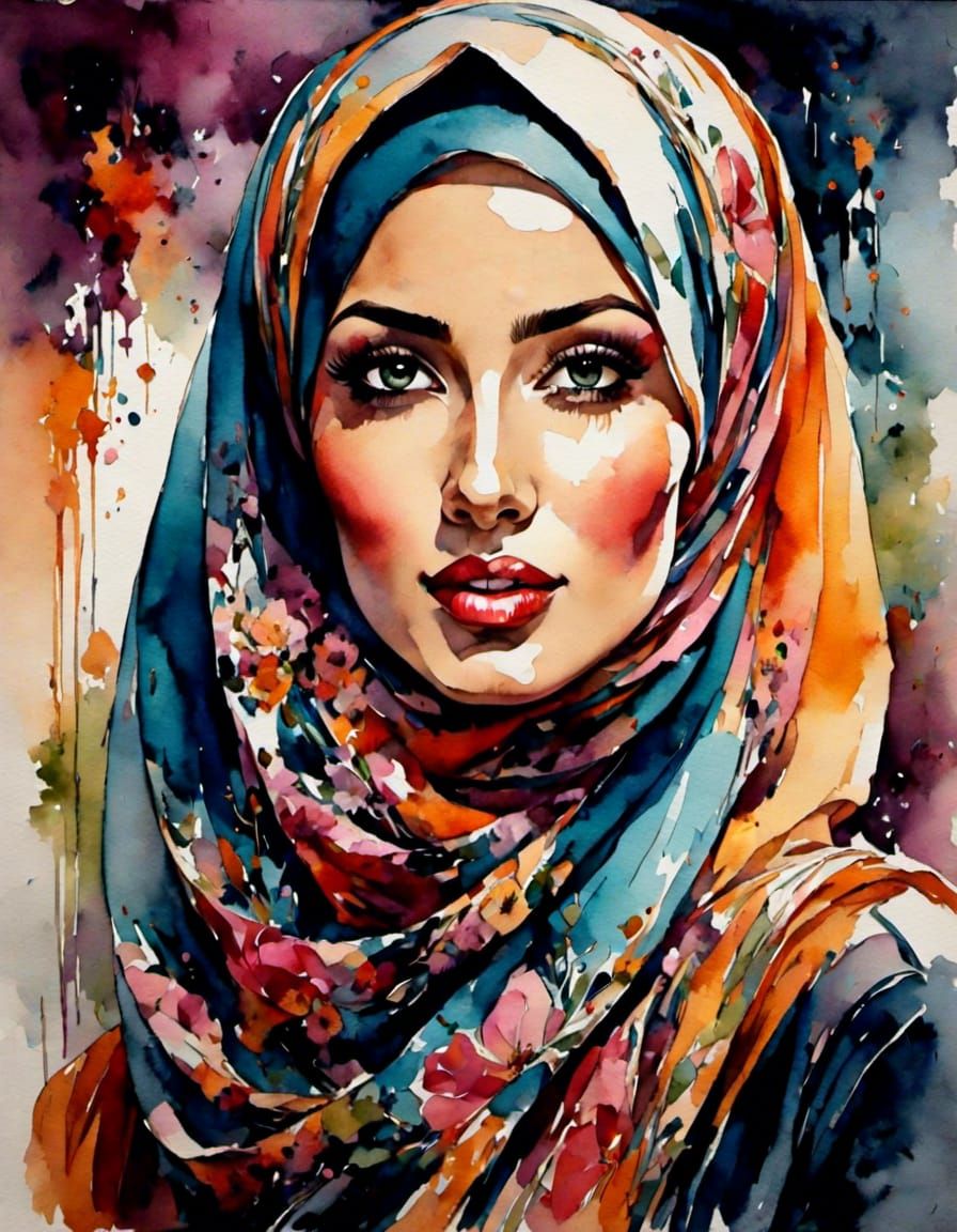 Beautiful Hijabi with Floral Headscarf in Realistic Style