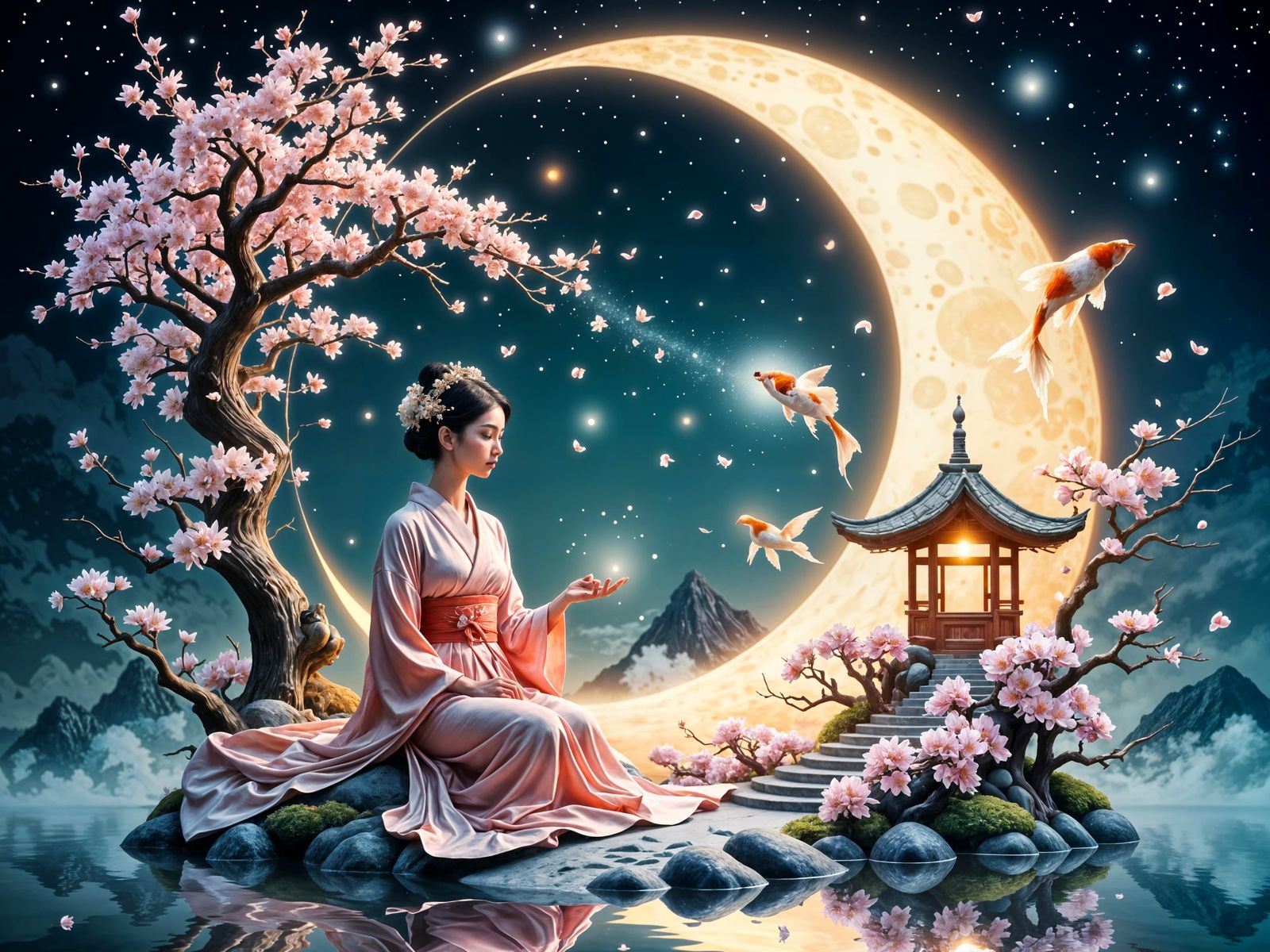 Surreal Geisha Goddess Reigns Over Luminous Dreamlike Moon