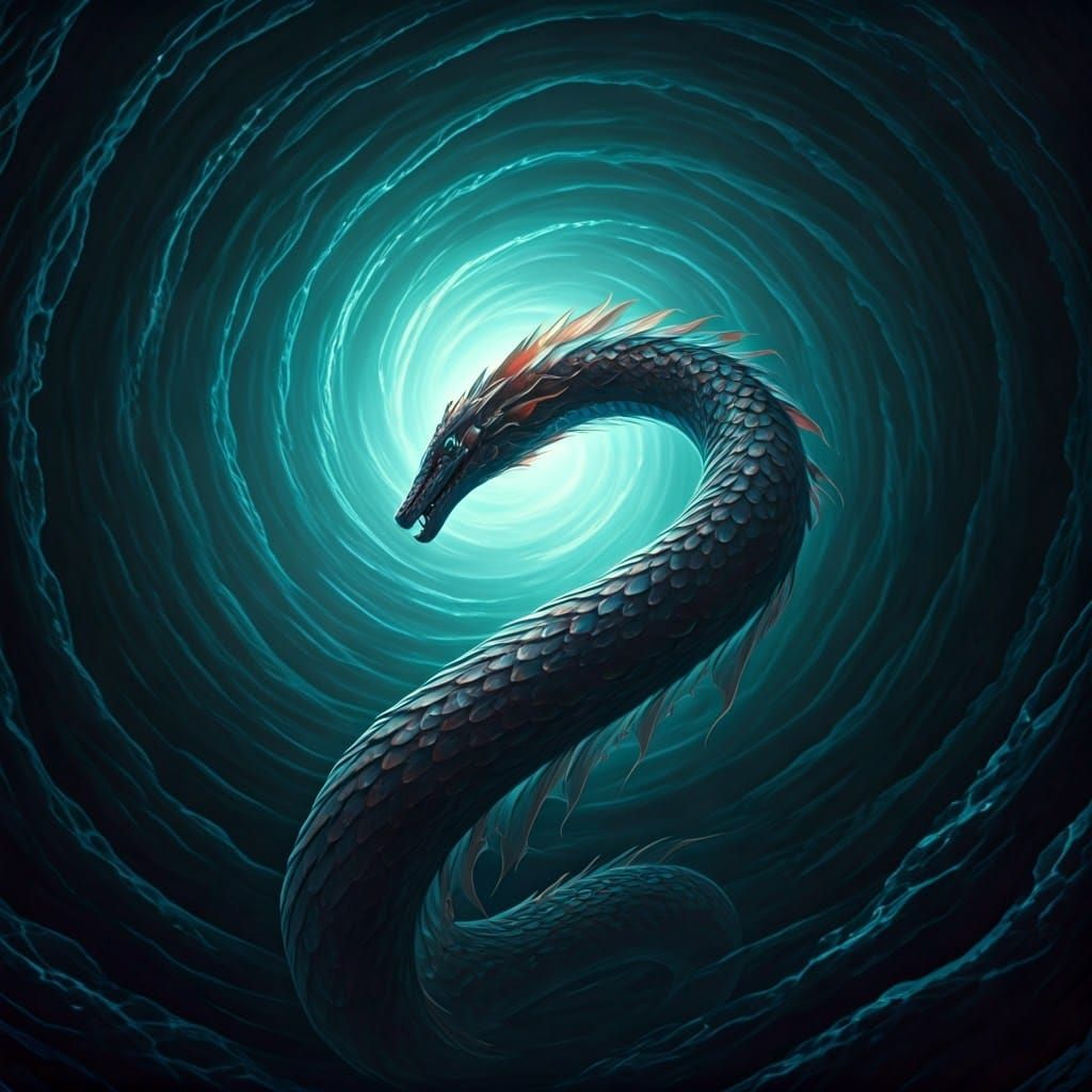 Iridescent Sea Serpent in Deep Ocean Abyss