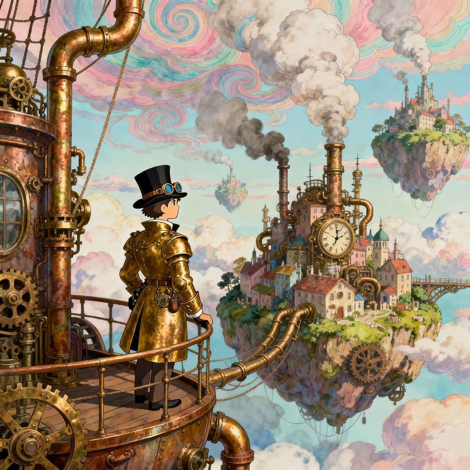 Steampunk Airship Captain Over Floating Island City