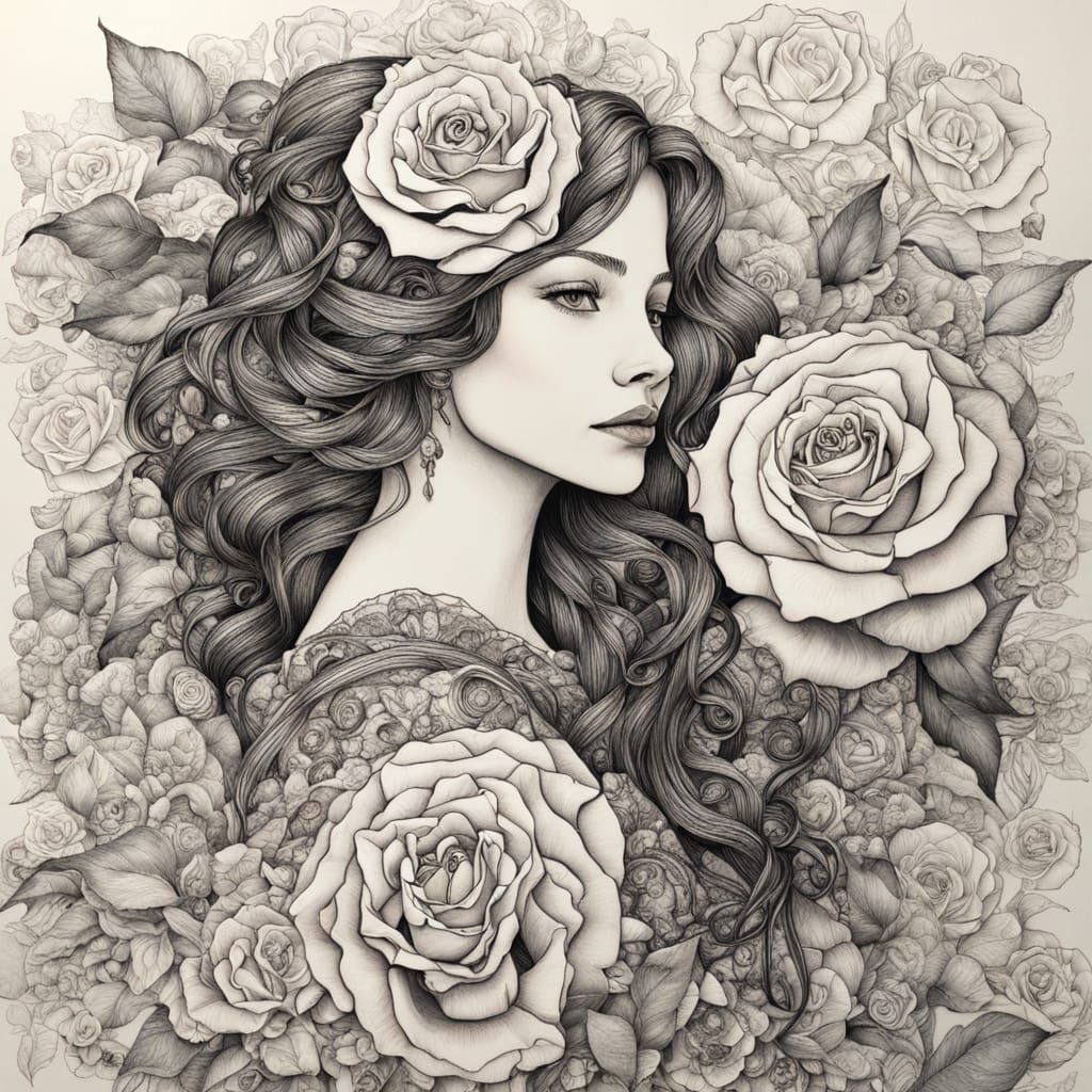 Belle Holding a Rose in Pen and Ink