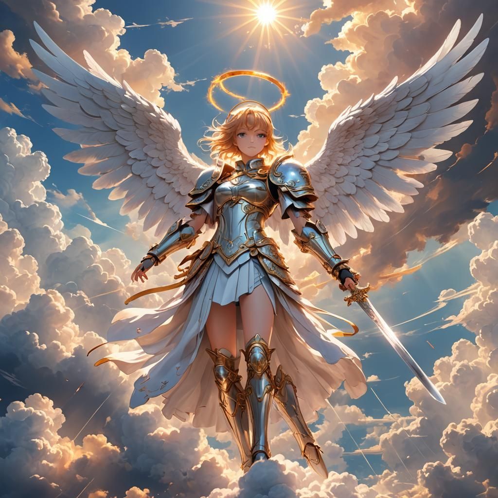 Angel with Sword in Sunlit Clouds: 3D Anime Art
