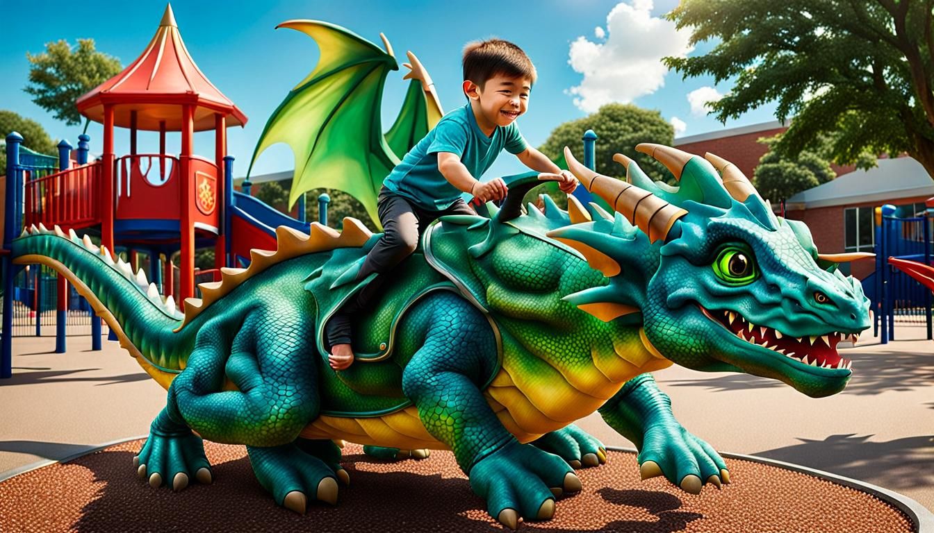 realistic child riding his magical baby dragon across school playground