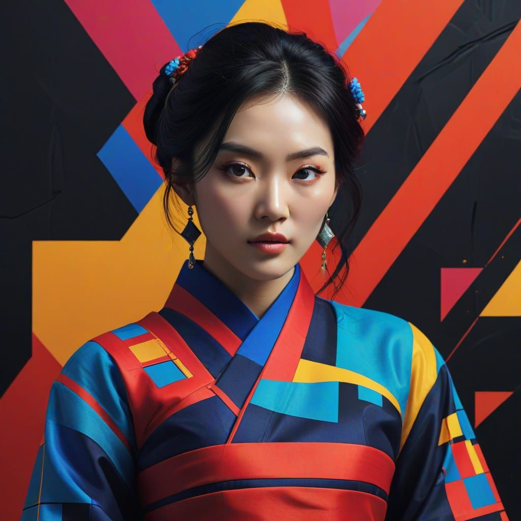 Vibrant Korean Actress in Bold Hanbok Portrait