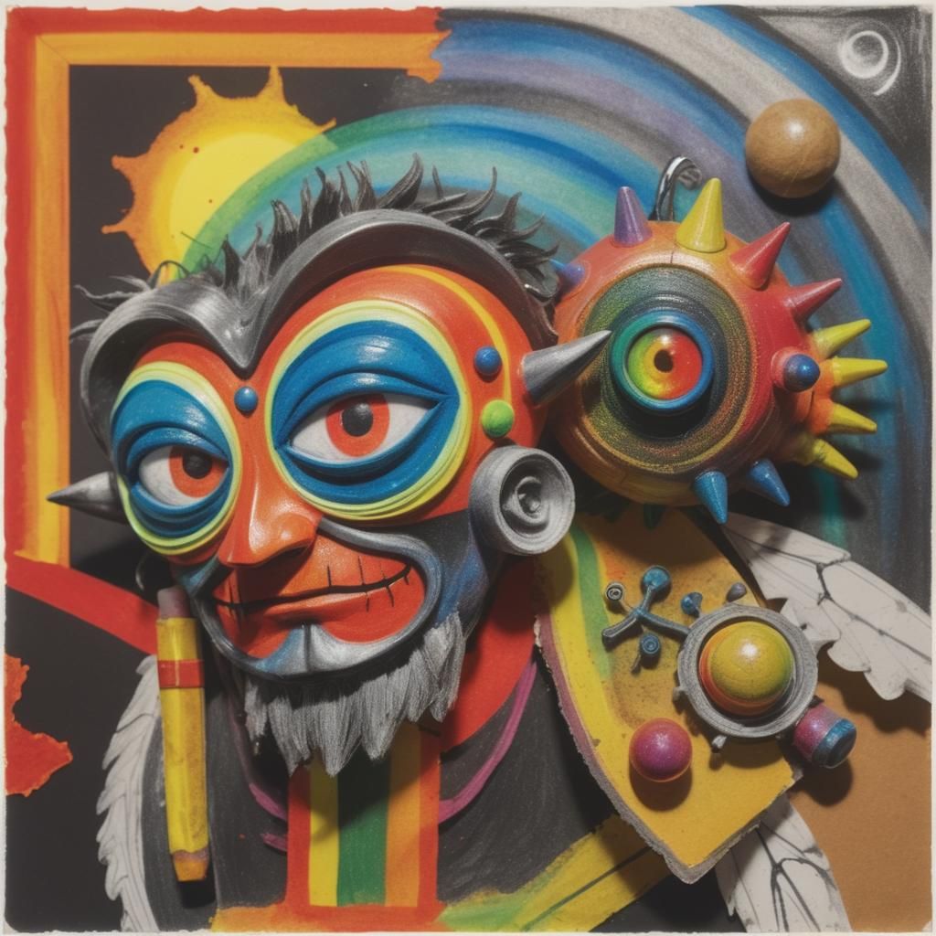 Surreal Child's Drawing with Rainbow Fairy