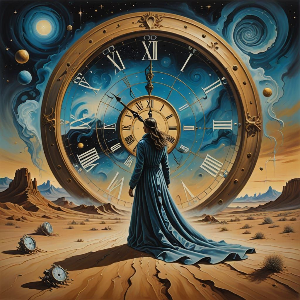 Dreamlike Desert Scene with Melting Clocks and Nebula Sky