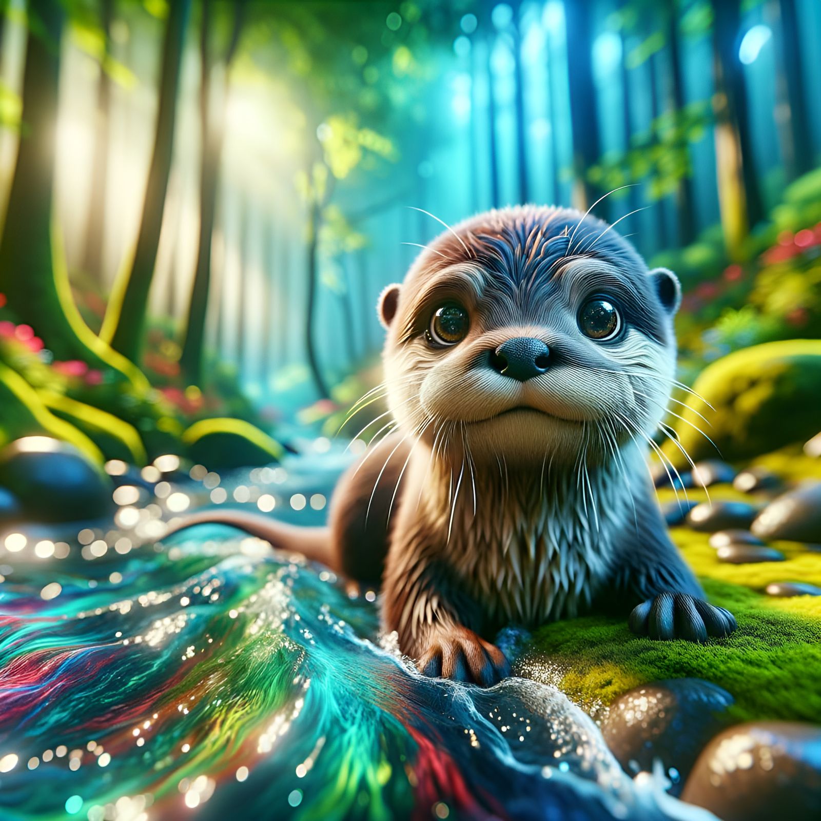 Adorable Otter in Vibrant Forest River, Pen and Ink