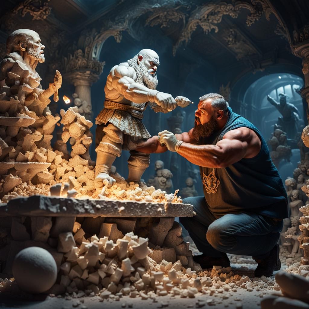 Dwarf Sculptor Crafts Luchador Statue: Fantasy Art
