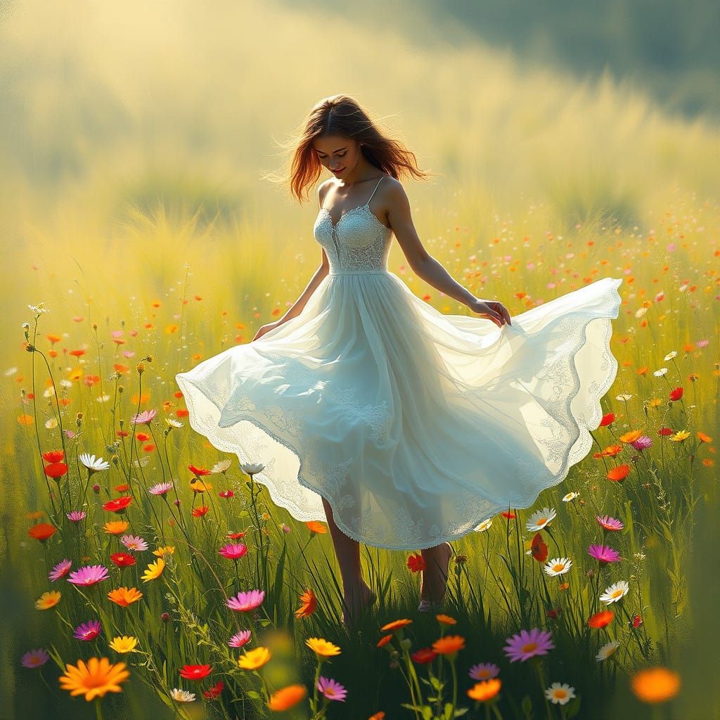 Whimsical Woman Dancing in Dreamy Meadow Landscape